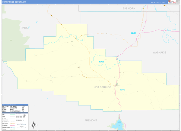 Hot Springs County Wall Map Basic Style